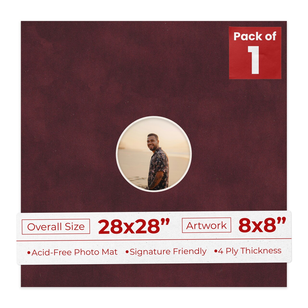 Dark Red Suede Mat Board for 28x28 Frames - Circle Opening for 8x8 Photos